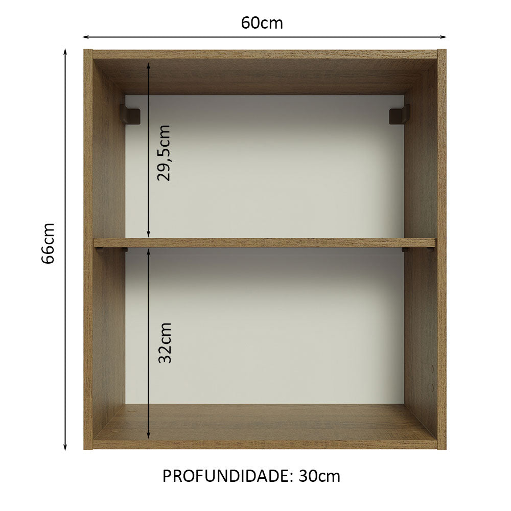 Armário Aéreo 60 cm com 2 Nichos Abertos para Cozinha Madesa Lux, Glamy, Agata, Stella Rustic