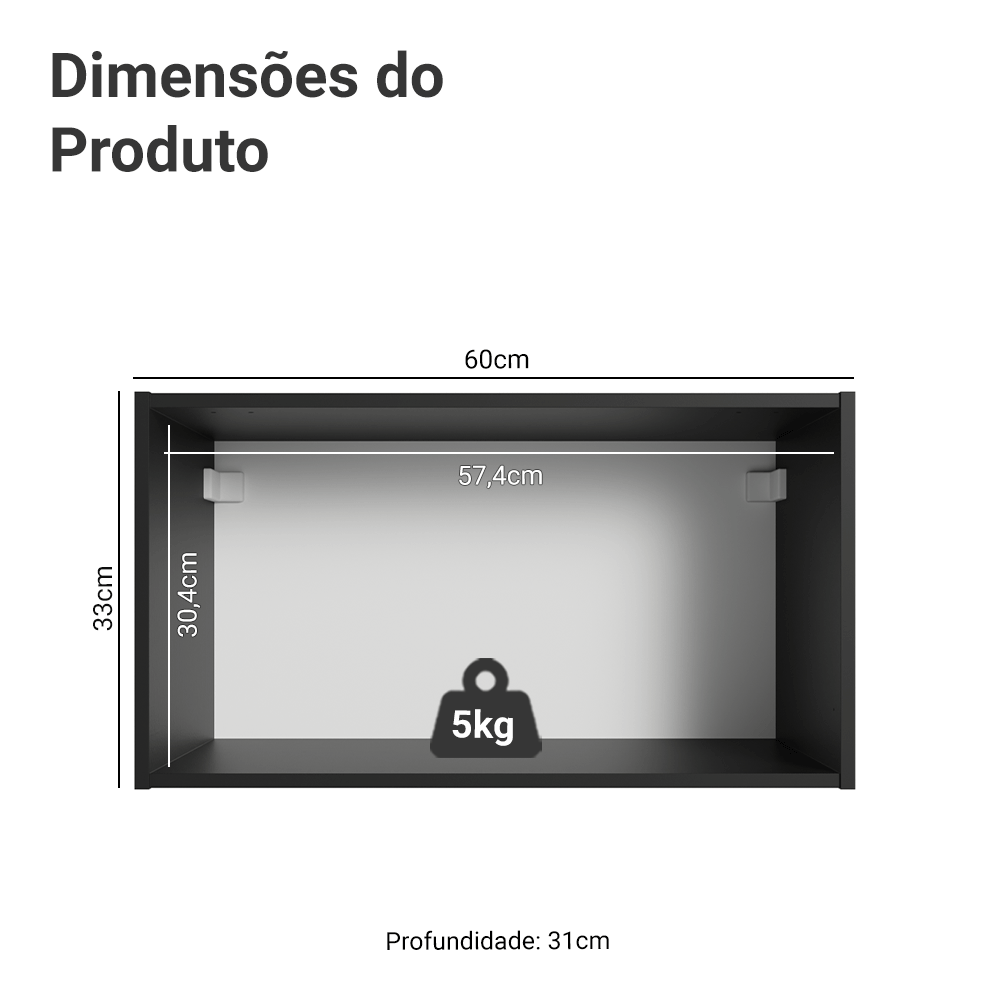 Armário Aéreo 60 cm 1 Porta Basculante Preto Nice Madesa
