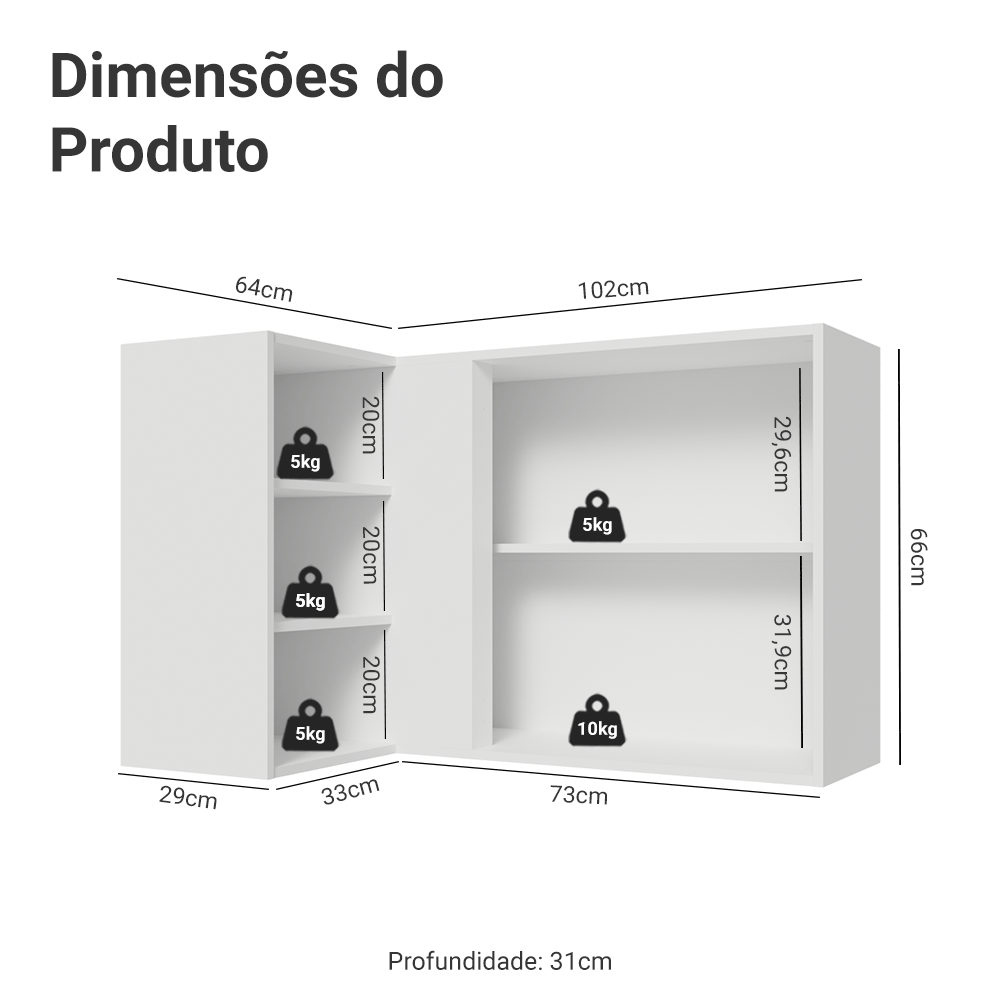 Armário Aéreo de Canto com Adega Acoplada Madesa Lux 1 Porta Branco/Preto