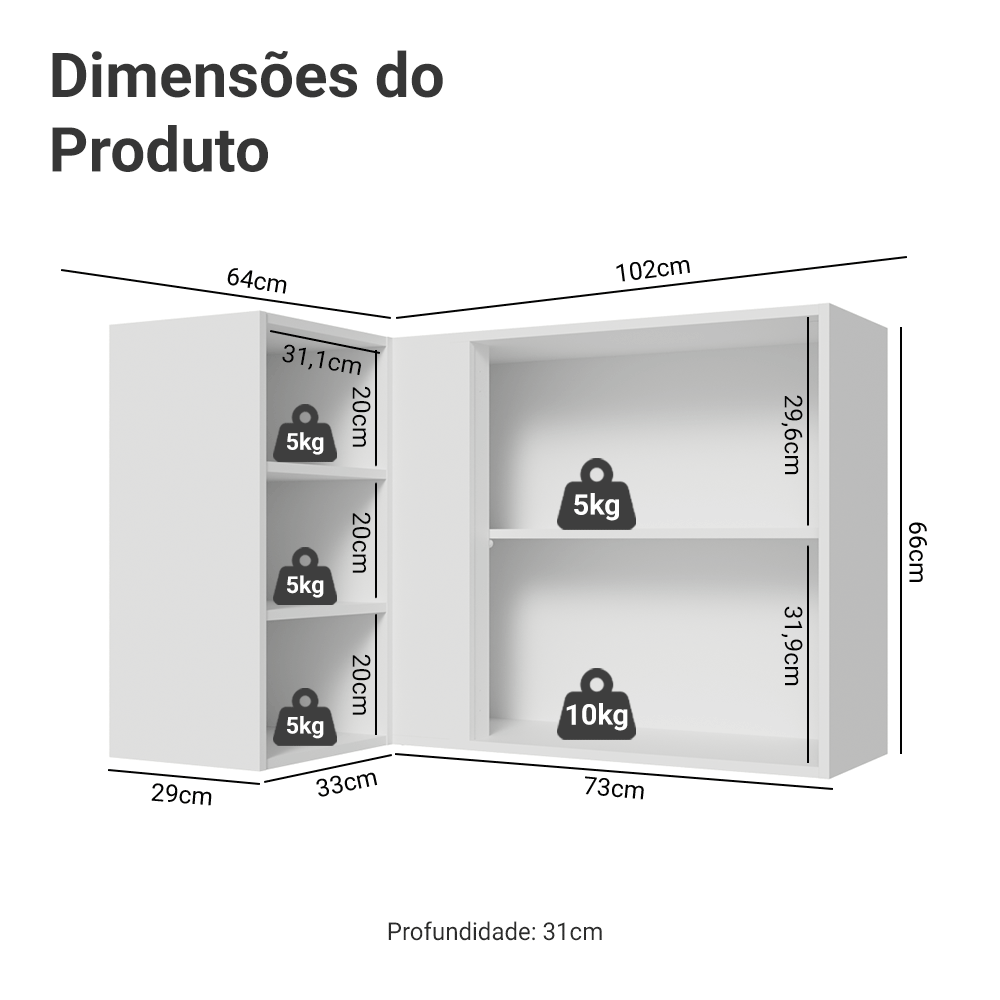 Armário Aéreo de Canto Para Linha 60 cm de Profundidade Branco/Preto Vik Madesa