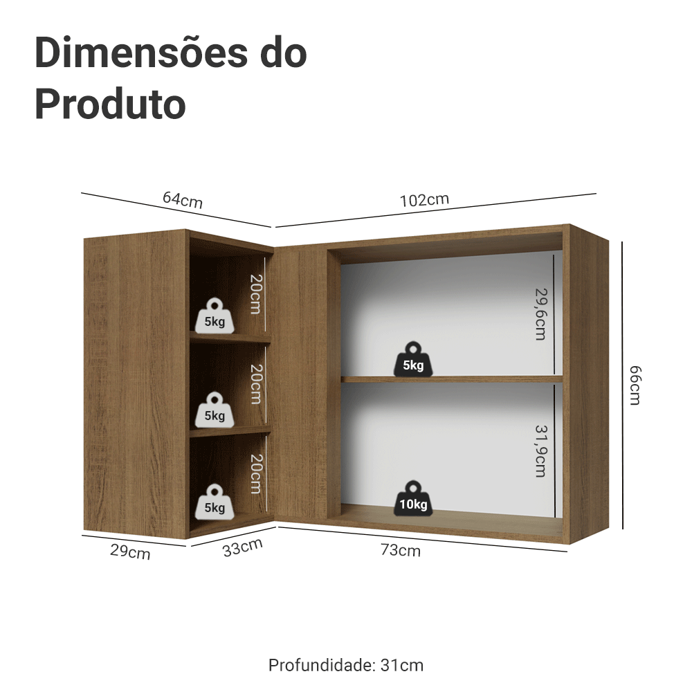 Armário Aéreo de Canto com Adega Acoplada Madesa Lux 1 Porta Rustic/Preto