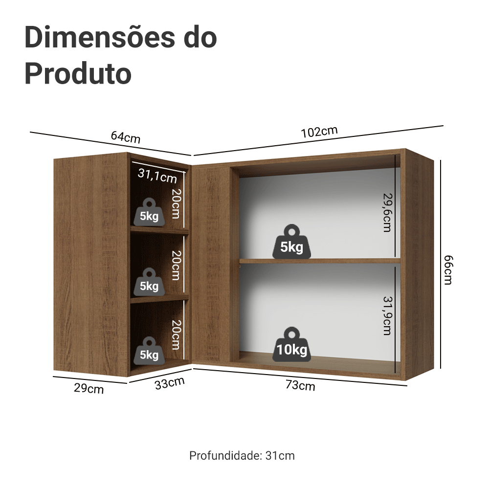 Armário Aéreo de Canto Para Linha 60 cm de Profundidade Rustic/Preto Vik Madesa