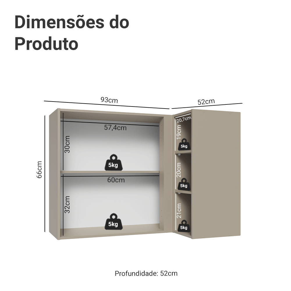 Armário Aéreo de Canto 1 Porta e Adega Crema Nice Madesa