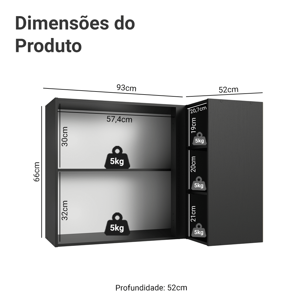 Armário Aéreo de Canto 1 Porta e Adega Preto Nice Madesa