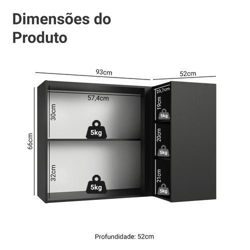 Armário Aéreo de Canto 1 Porta e Adega Preto Nice Madesa
