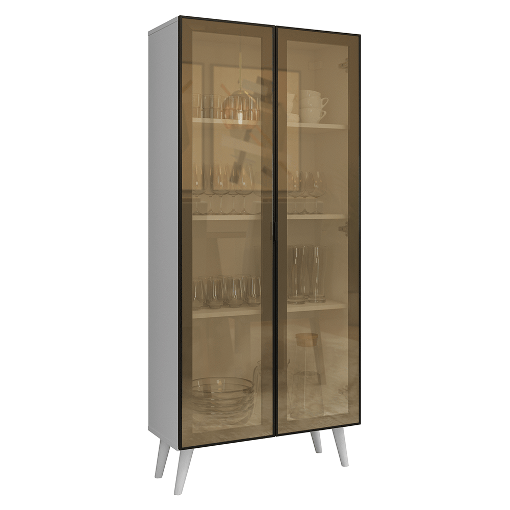 Cristaleira 70 cm 2 Portas de Vidro Reflecta Bronze com Pés Cônicos Branco/Preto/Branco Vinil Madesa