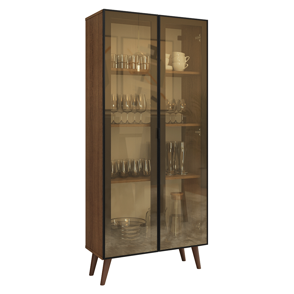 Cristaleira 70 cm 2 Portas de Vidro Reflecta Bronze com Pés Cônicos Rustic/Preto/Marrom Vinil Madesa