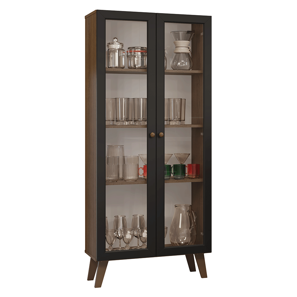 Cristaleira 70 cm 2 Portas de Vidro com Pés Trapézio Rustic/Preto/Rustic Vik Madesa