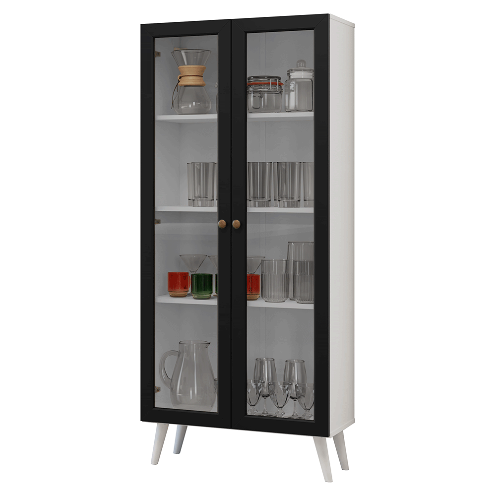 Cristaleira 70 cm 2 Portas de Vidro com Pés Cônicos Branco/Preto Vik Madesa