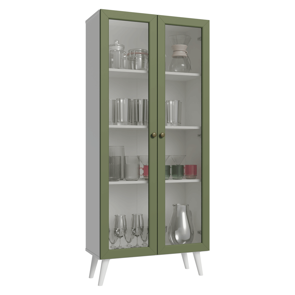 Cristaleira 70 cm 2 Portas de Vidro com Pés Cônicos Branco/Verde/Branco Vik Madesa