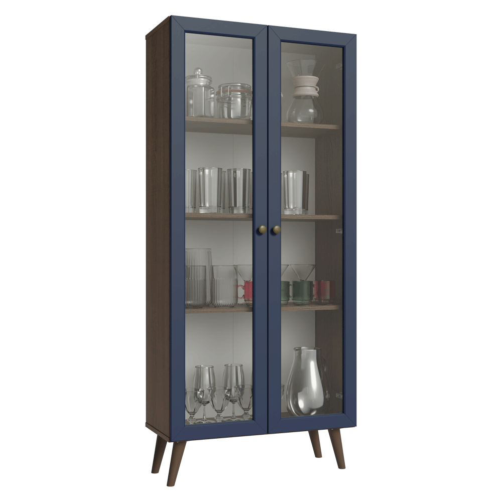 Cristaleira 70 cm 2 Portas de Vidro com Pés Cônicos Rustic/Azul/Rustic Vik Madesa