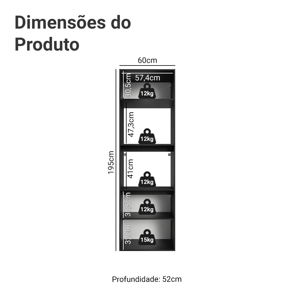Torre Quente 60 cm 2 Portas 2 Nichos Suspenso Preto Nice Madesa