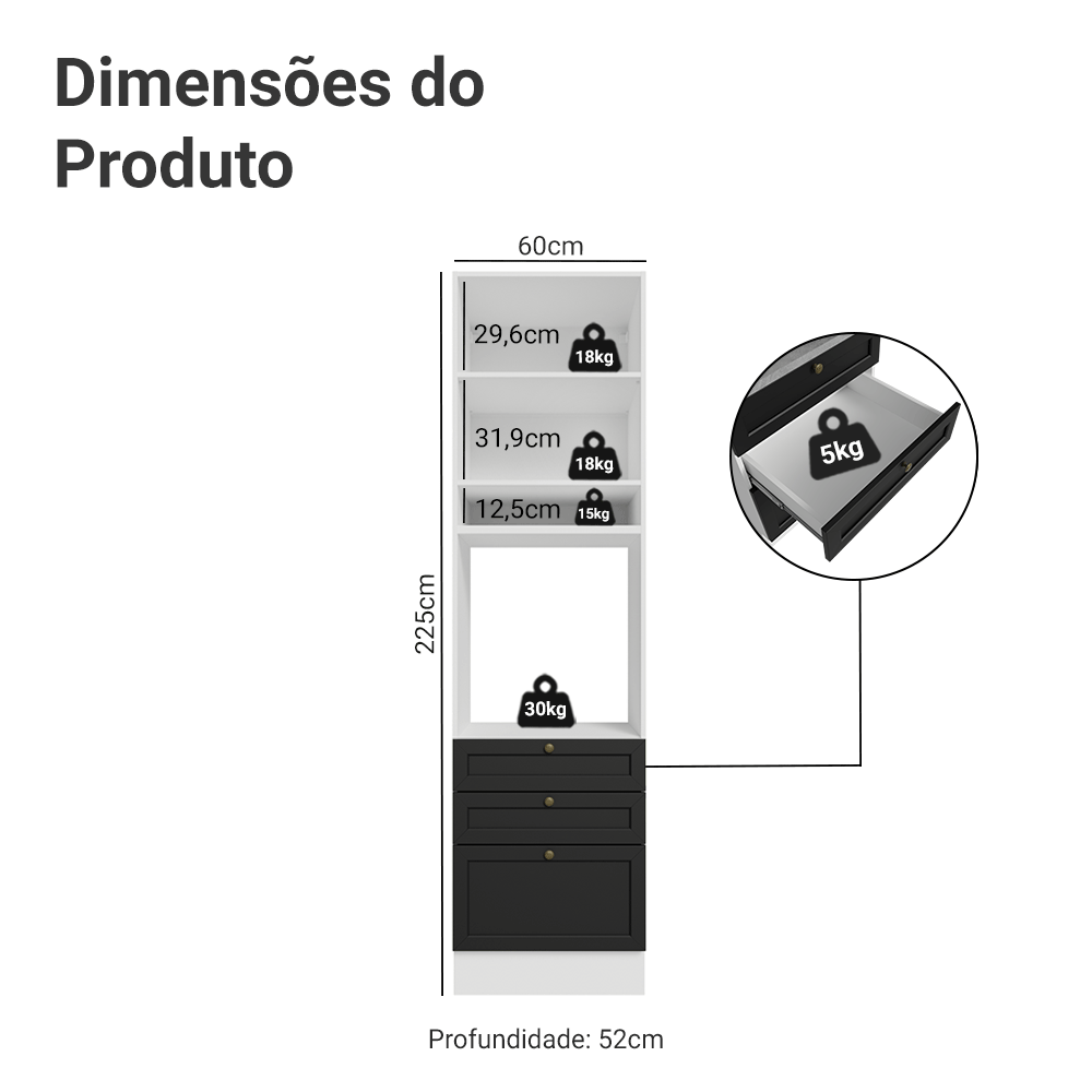 Torre Quente 60 cm 1 Porta 3 Gavetas Branco/Preto Vik Madesa