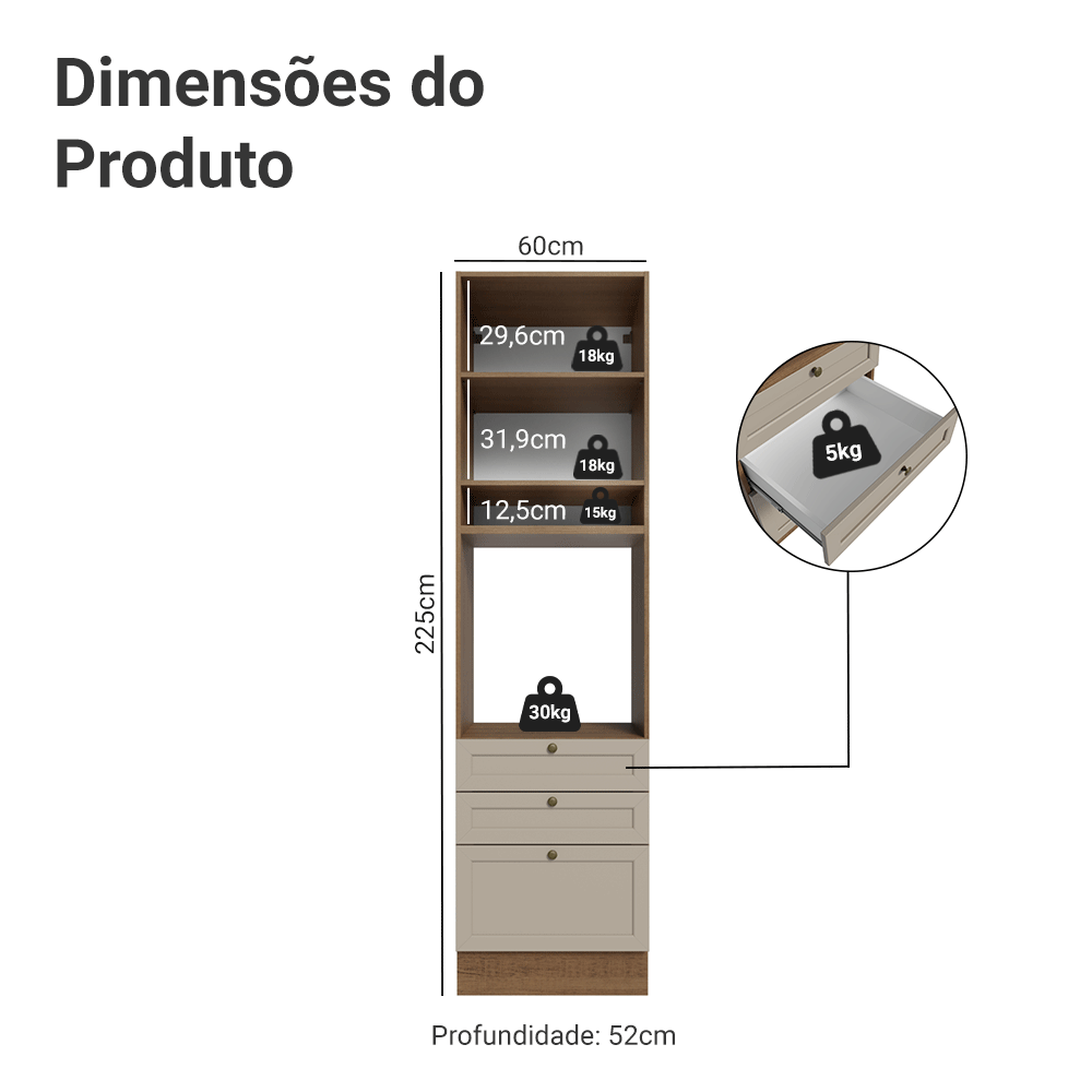Torre Quente 60 cm 1 Porta 3 Gavetas Rustic/Crema Vik Madesa