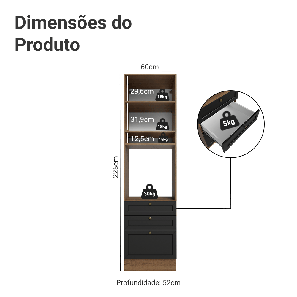 Torre Quente 60 cm 1 Porta 3 Gavetas Rustic/Preto Vik Madesa