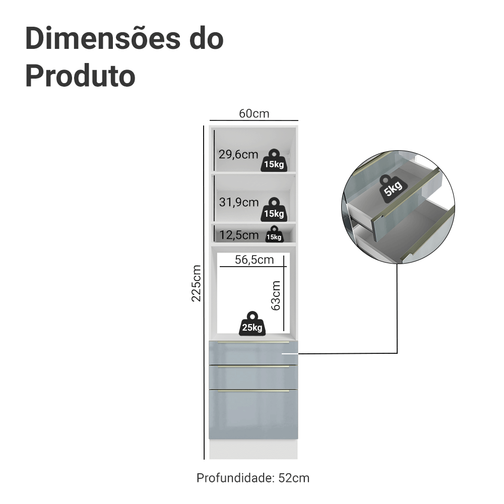 Torre Quente 60 cm 1 Porta e 3 Gavetas Branco/Cinza Lux Madesa