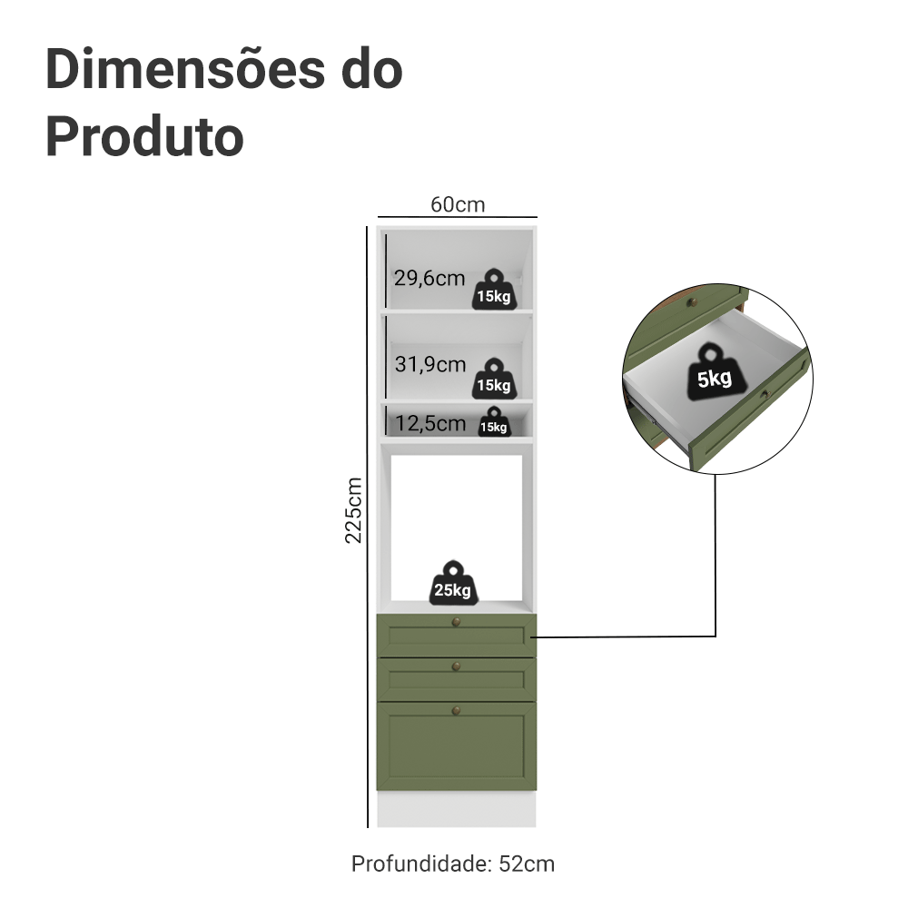 Torre Quente 60 cm 1 Porta 3 Gavetas Branco/Verde Vik Madesa