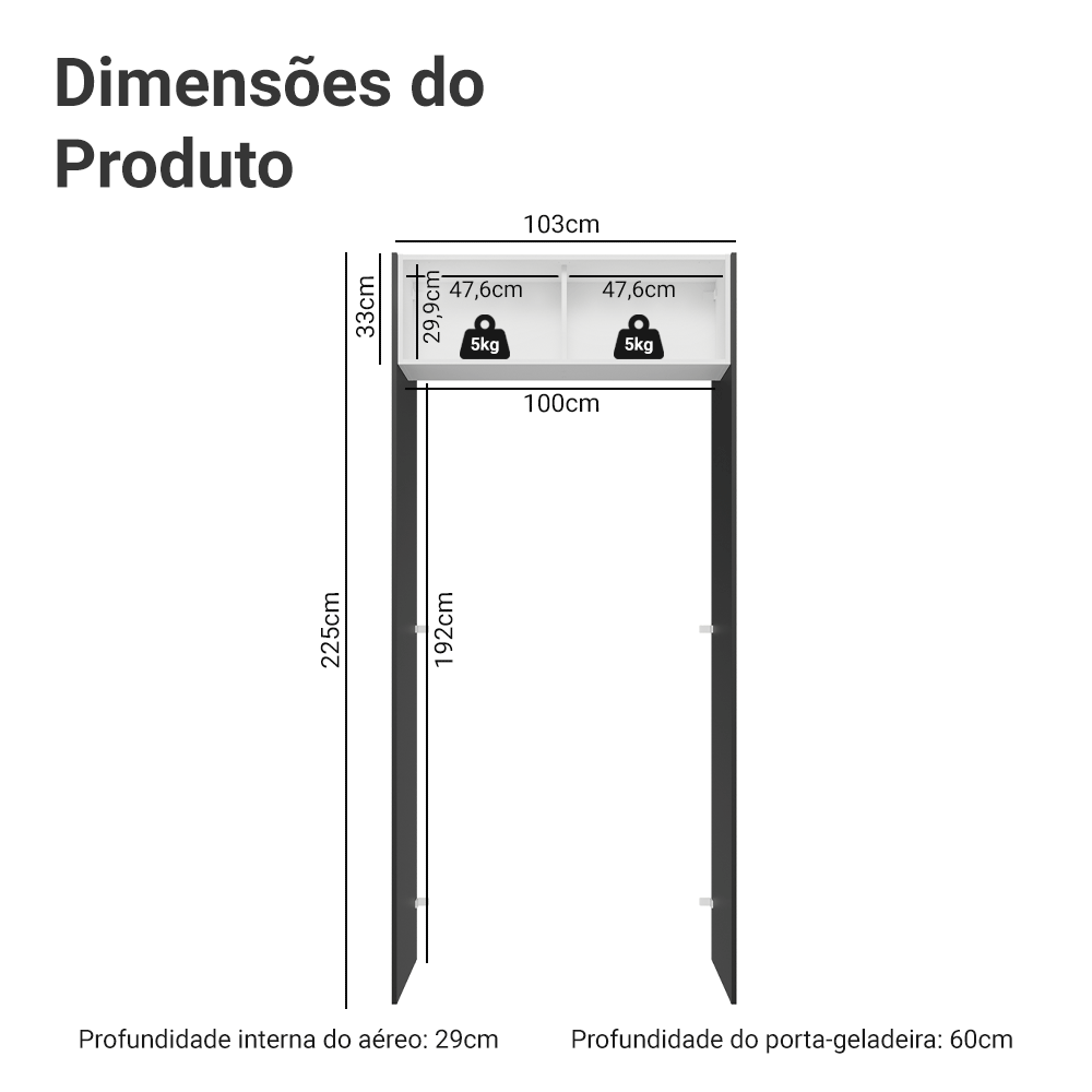 Porta-Geladeira 103 cm 1 Porta Basculante Preto/Branco/Preto Agata Madesa