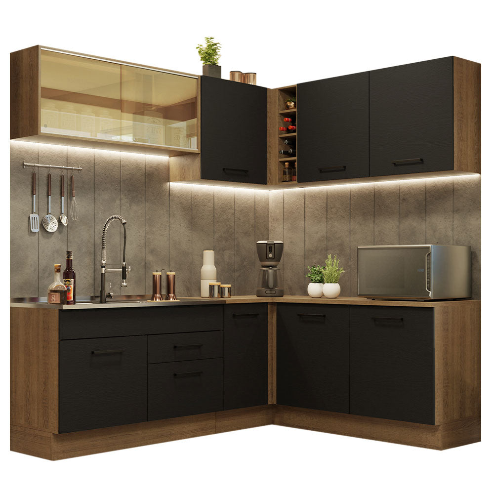 Armário de Cozinha Completa de Canto 389cm Rustic Preto Agata Madesa 01