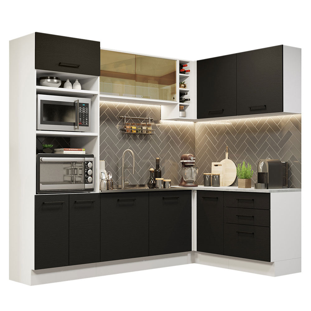 Armário de Cozinha Completa de Canto 399cm Branco Preto Agata Madesa 01