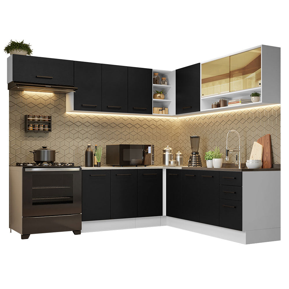 Armário de Cozinha Completa de Canto 486cm Branco/Preto 60cm de Profundidade Agata Madesa 01