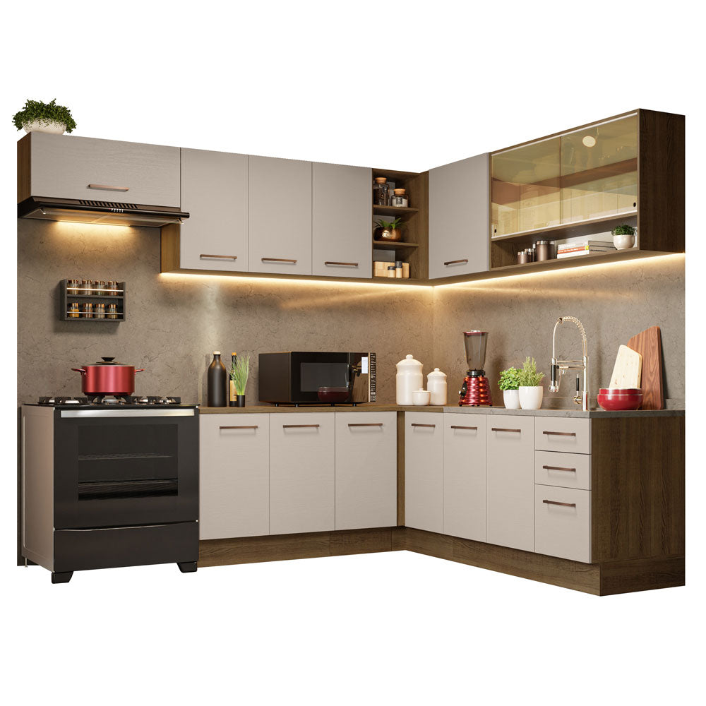 Armário de Cozinha Completa de Canto 486cm Rustic/Crema 60cm de Profundidade Agata Madesa 01