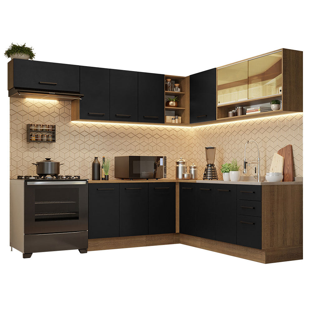 Armário de Cozinha Completa de Canto 486cm Rustic/Preto 60cm de Profundidade Agata Madesa 01