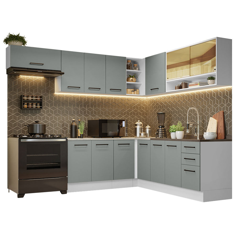 Armário de Cozinha Completa de Canto 486cm Branco/Cinza 60cm de Profundidade Agata Madesa 01
