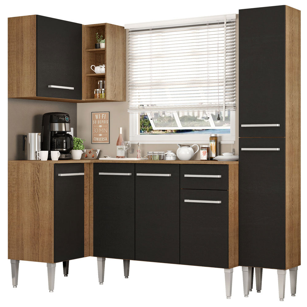Armário de Cozinha Completa de Canto 261cm Rustic/Preto Emilly Song Madesa 01