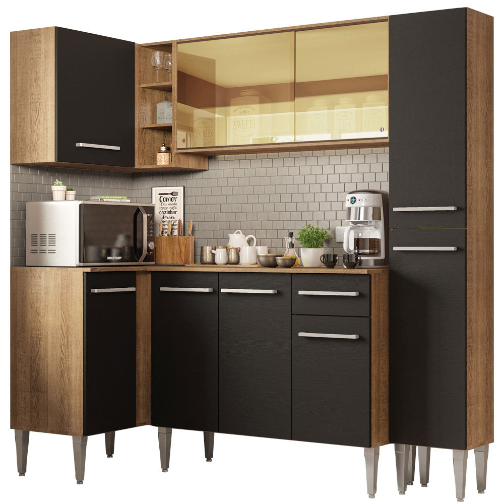 Armário de Cozinha Completa de Canto 261cm Rustic/Preto Emilly River Madesa 03
