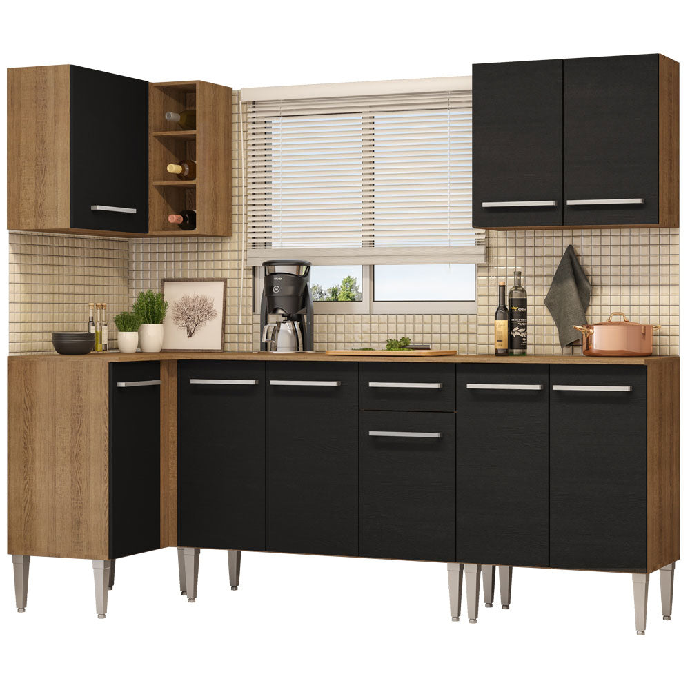 Armário de Cozinha Completa de Canto 293cm Rustic/Preto Emilly Open Madesa 01
