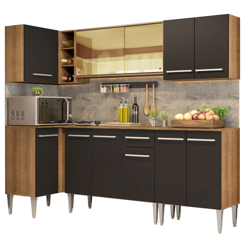 Armário de Cozinha Completa de Canto 293cm Rustic/Preto Emilly Play Madesa 04