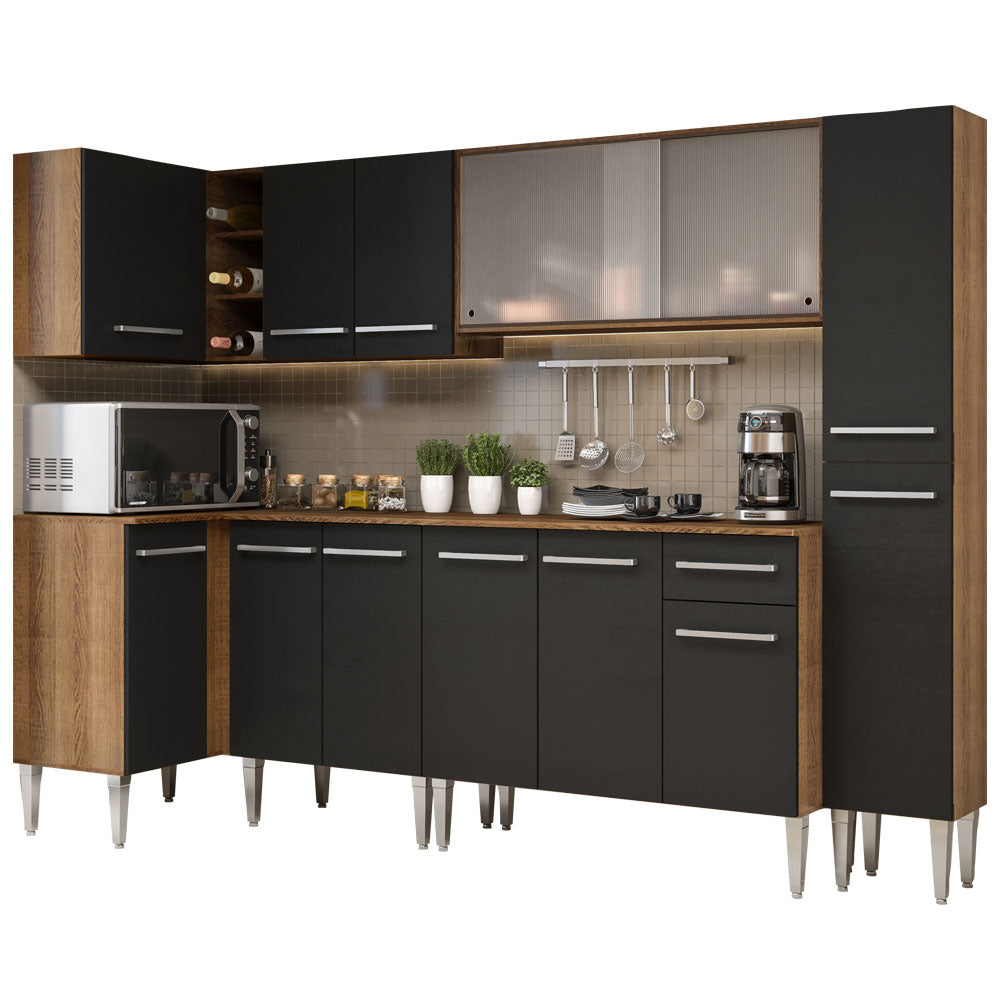 Armário de Cozinha Completa de Canto 325cm Rustic/Preto Emilly Space Madesa 03