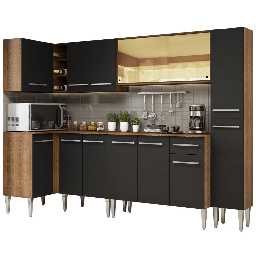 Armário de Cozinha Completa de Canto 325cm Rustic/Preto Emilly Wave Madesa 04