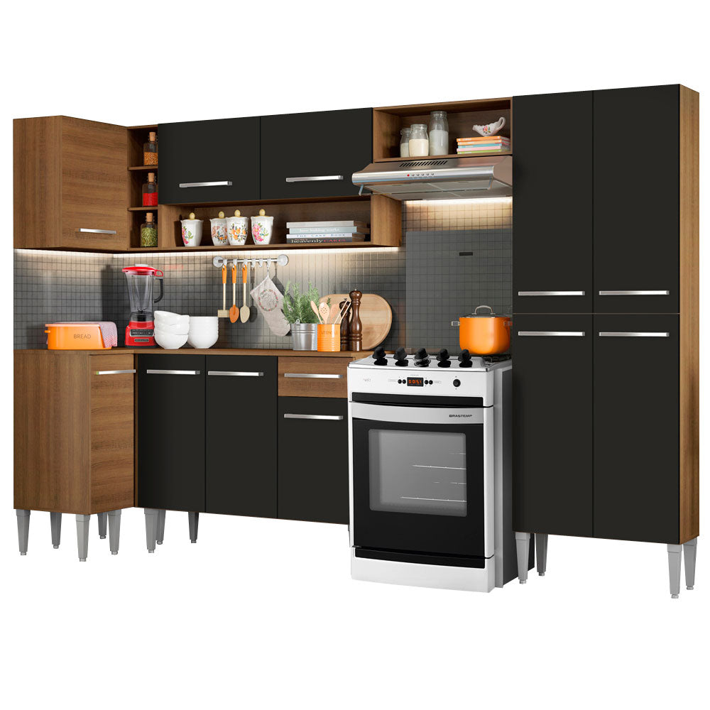 Armário de Cozinha Completa de Canto 353cm Rustic/Preto Emilly Sun Madesa 01