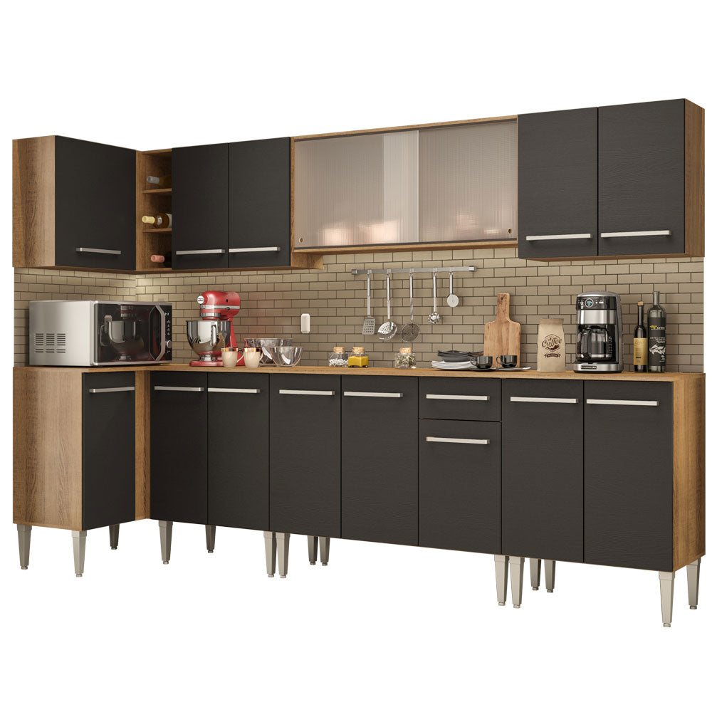 Armário de Cozinha Completa de Canto 357cm Rustic/Preto Emilly Jazz Madesa 02