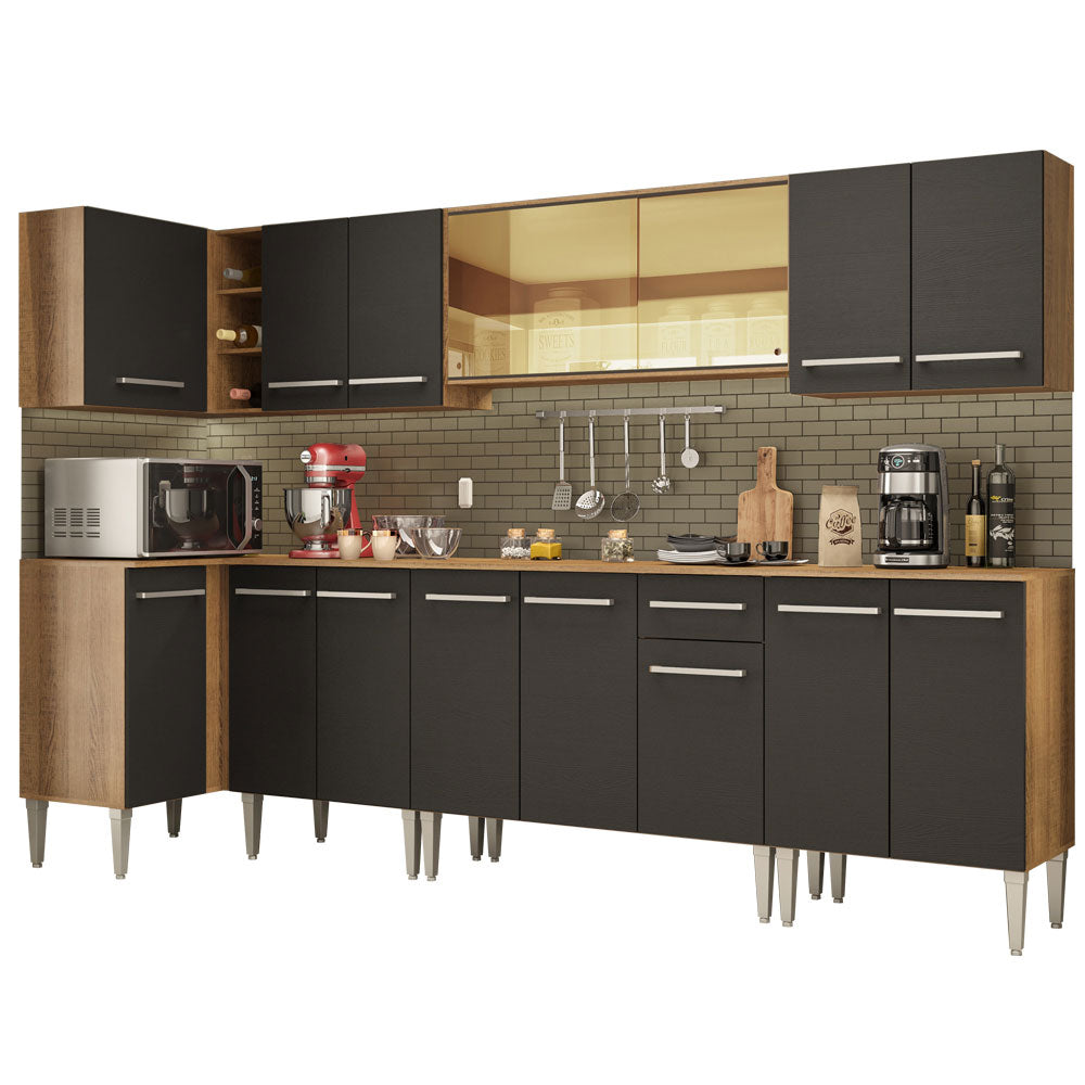 Armário de Cozinha Completa de Canto 357cm Rustic/Preto Emilly Mega Madesa 03