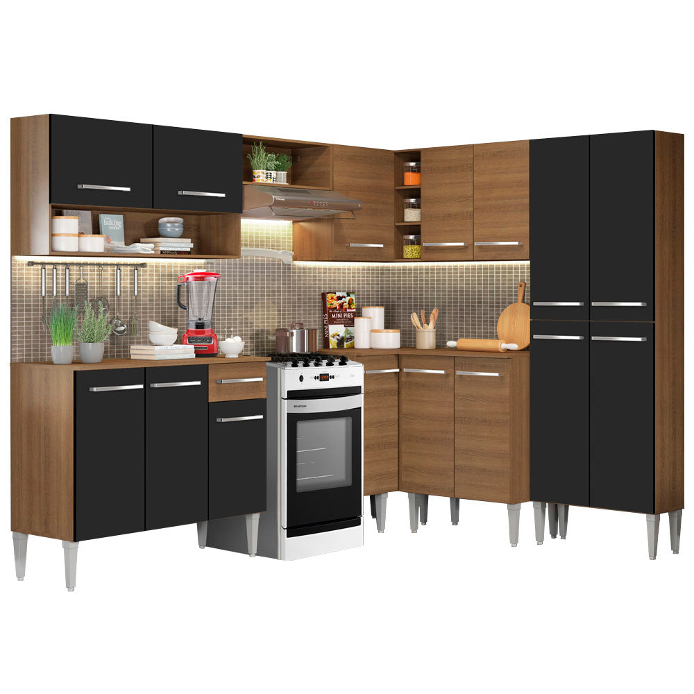 Armário de Cozinha Completa de Canto 417cm Rustic/Preto Emilly Ice Madesa 01