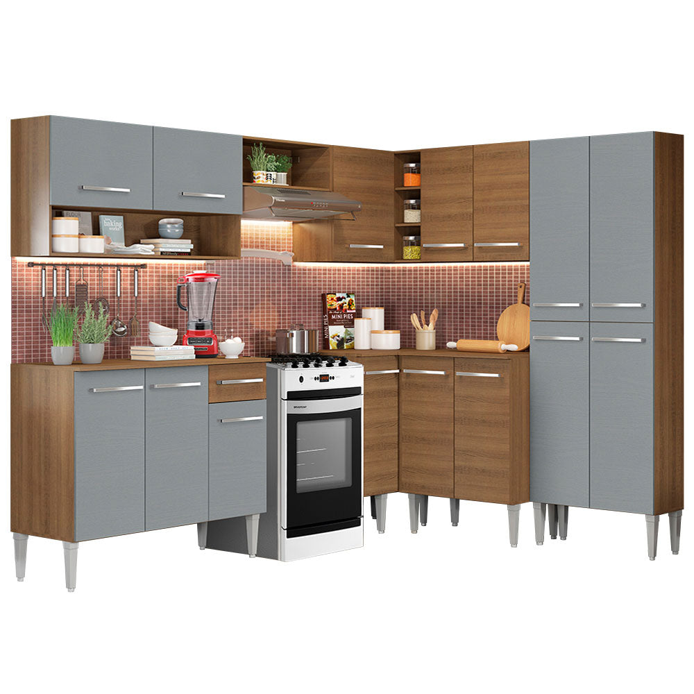 Armário de Cozinha Completa de Canto 417cm Rustic/Cinza Emilly Ice