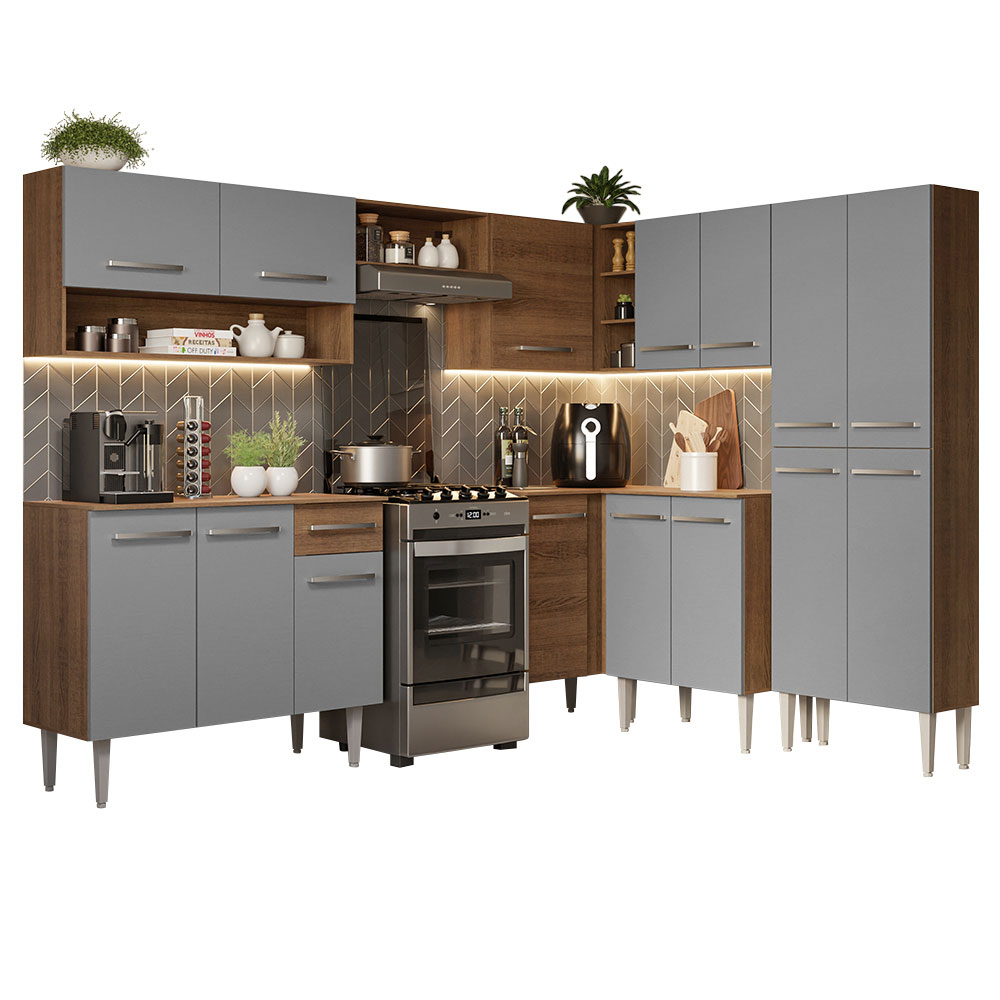 Armário de Cozinha Completa de Canto 417cm Cinza/Rustic Emilly Madesa 02