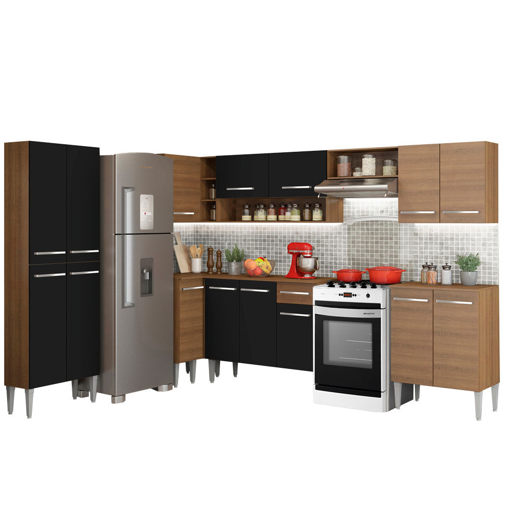 Armário de Cozinha Completa de Canto 481cm Rustic/Preto Emilly Moon Madesa 01