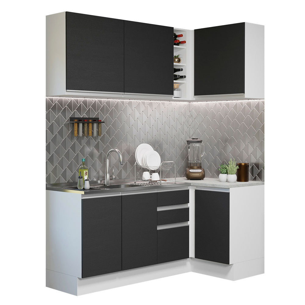 Armário de Cozinha Compacta de Canto 269cm Branco/Preto Glamy Madesa 01