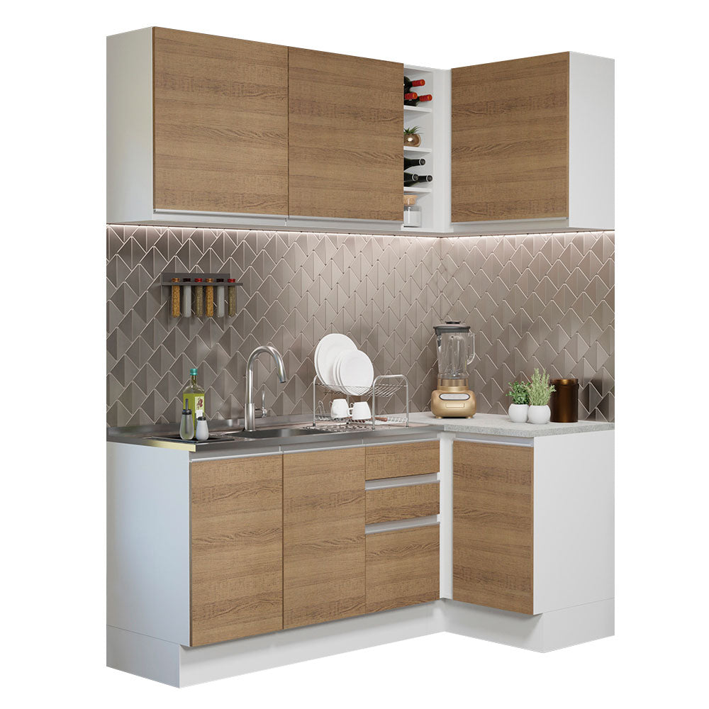 Armário de Cozinha Compacta de Canto 269cm Branco/Rustic Glamy Madesa 01