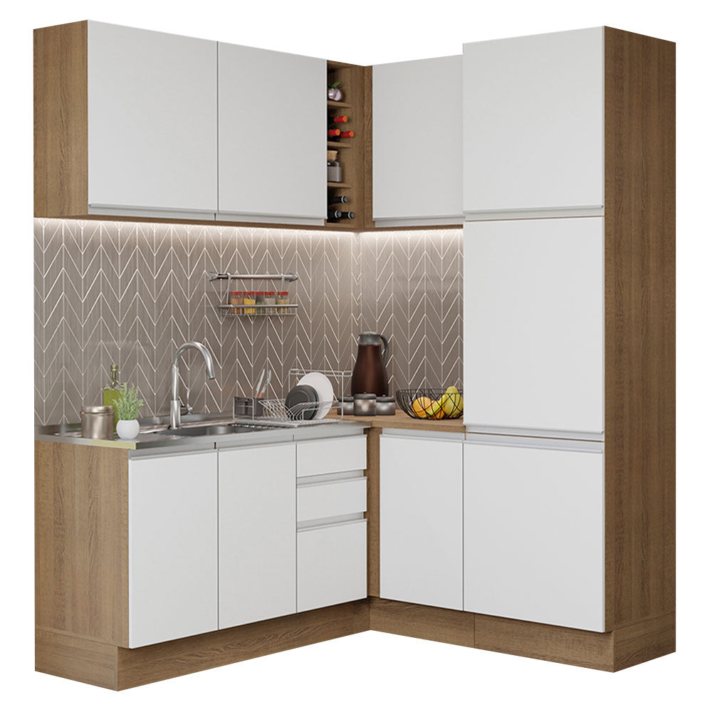 Armário de Cozinha Completa de Canto 329cm Rustic Branco Glamy Madesa 01