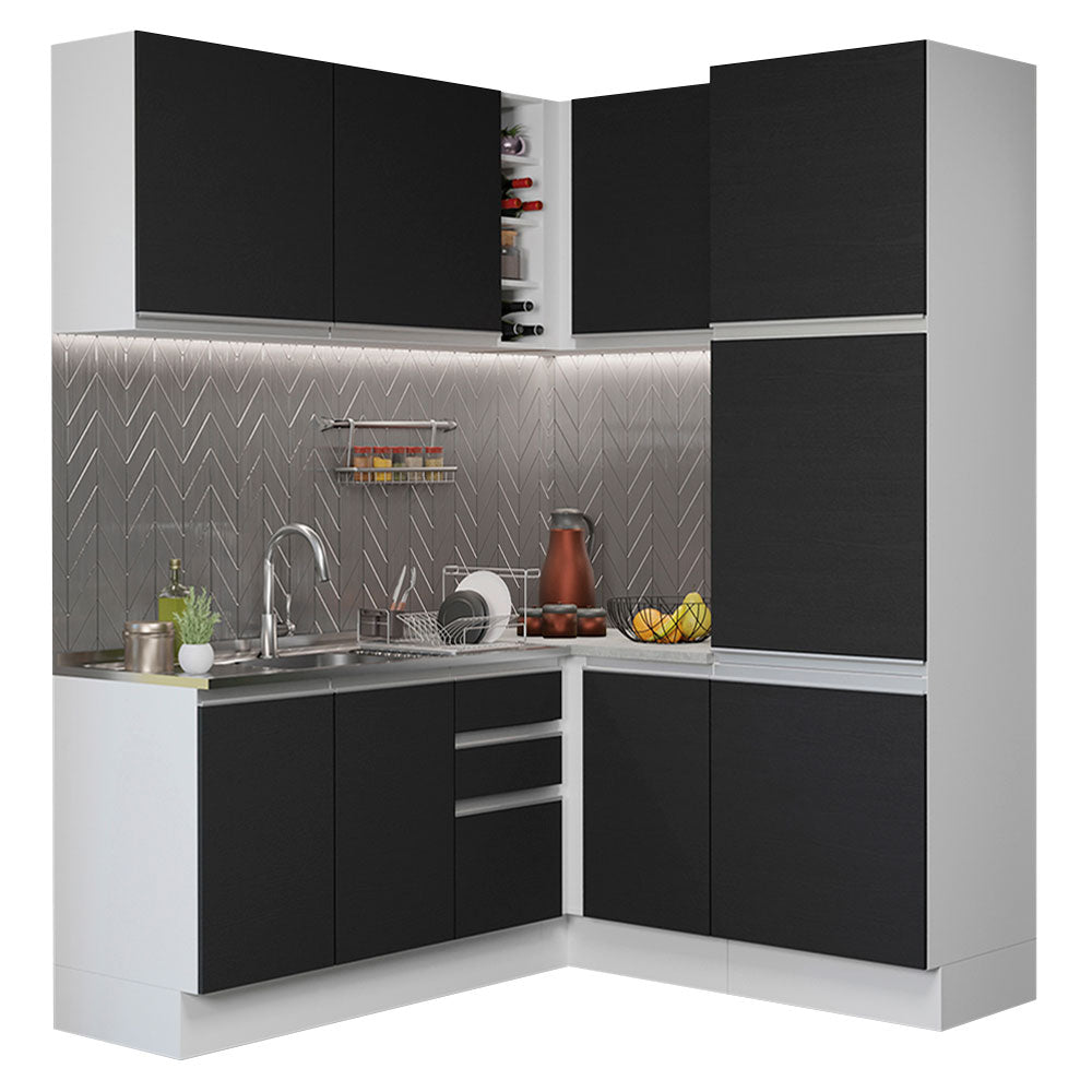 Armário de Cozinha Completa de Canto 329cm Branco Preto Glamy Madesa 01