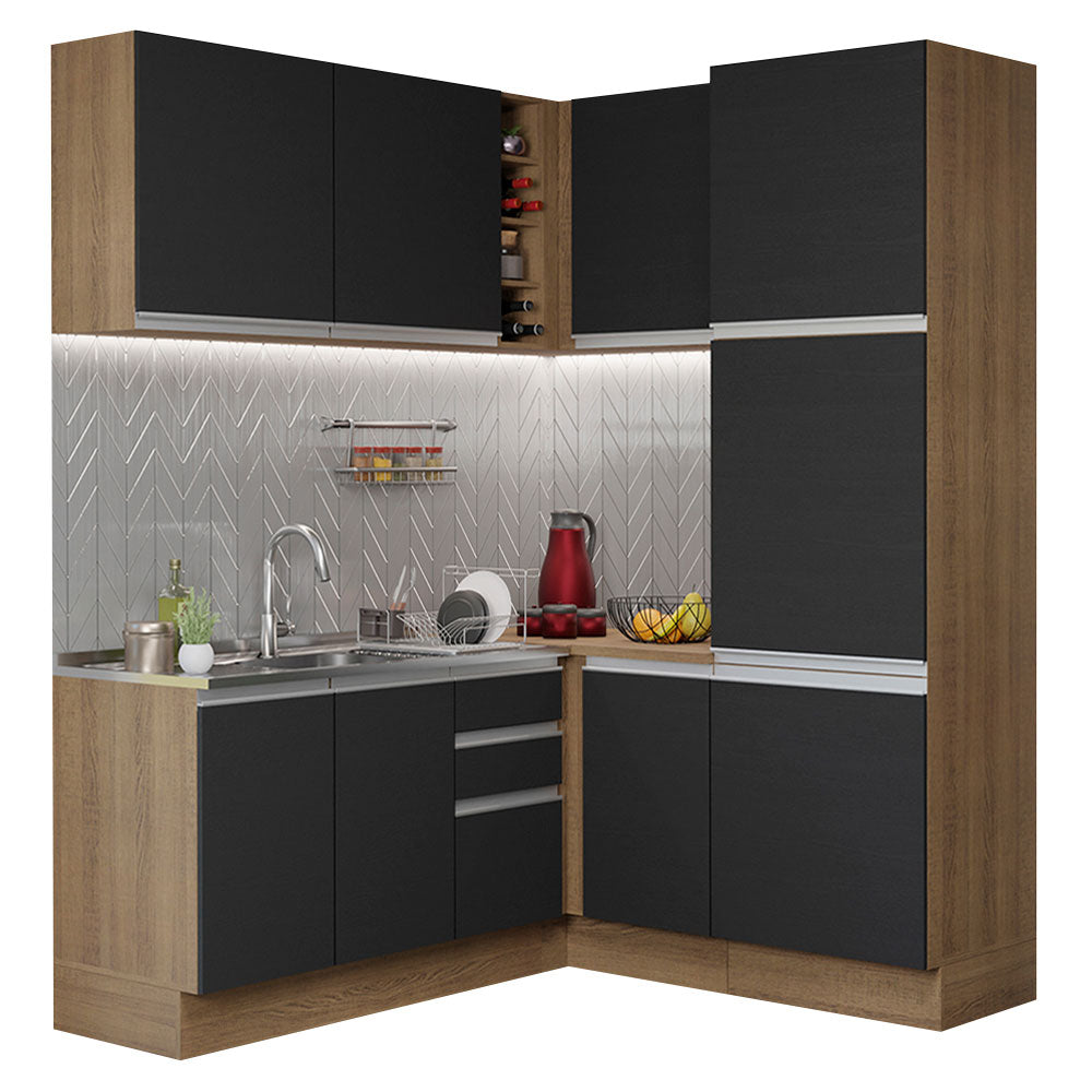Armário de Cozinha Completa de Canto 329cm Rustic Preto Glamy Madesa 01