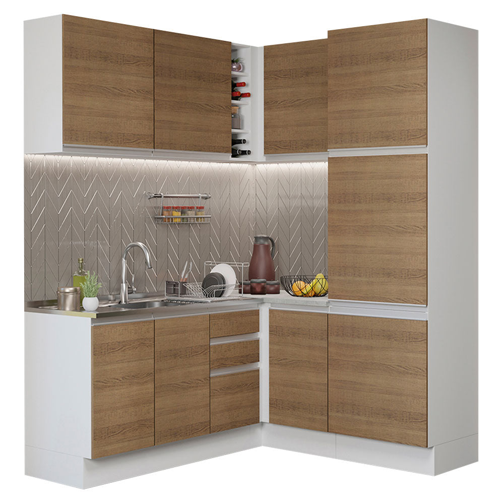 Armário de Cozinha Completa de Canto 329cm Branco Rustic Glamy Madesa 01