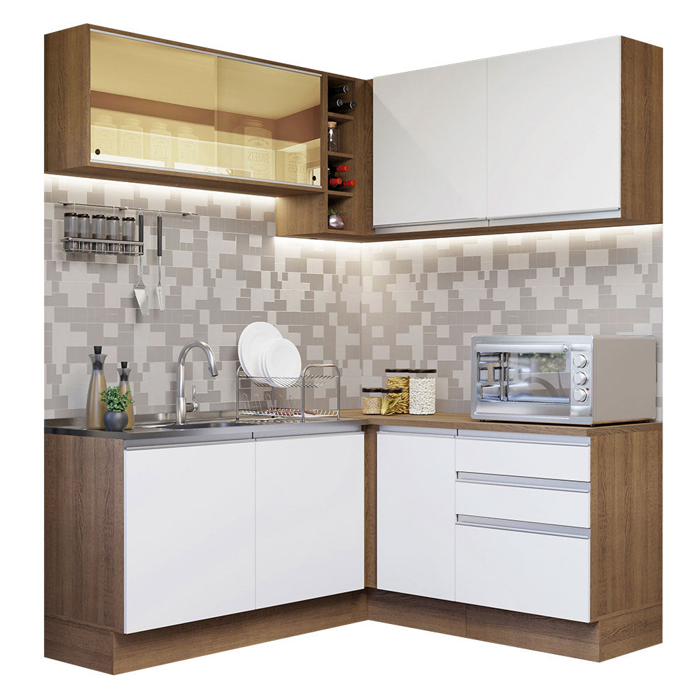 Armário de Cozinha Completa de Canto 329cm Rustic Branco Glamy Madesa 02
