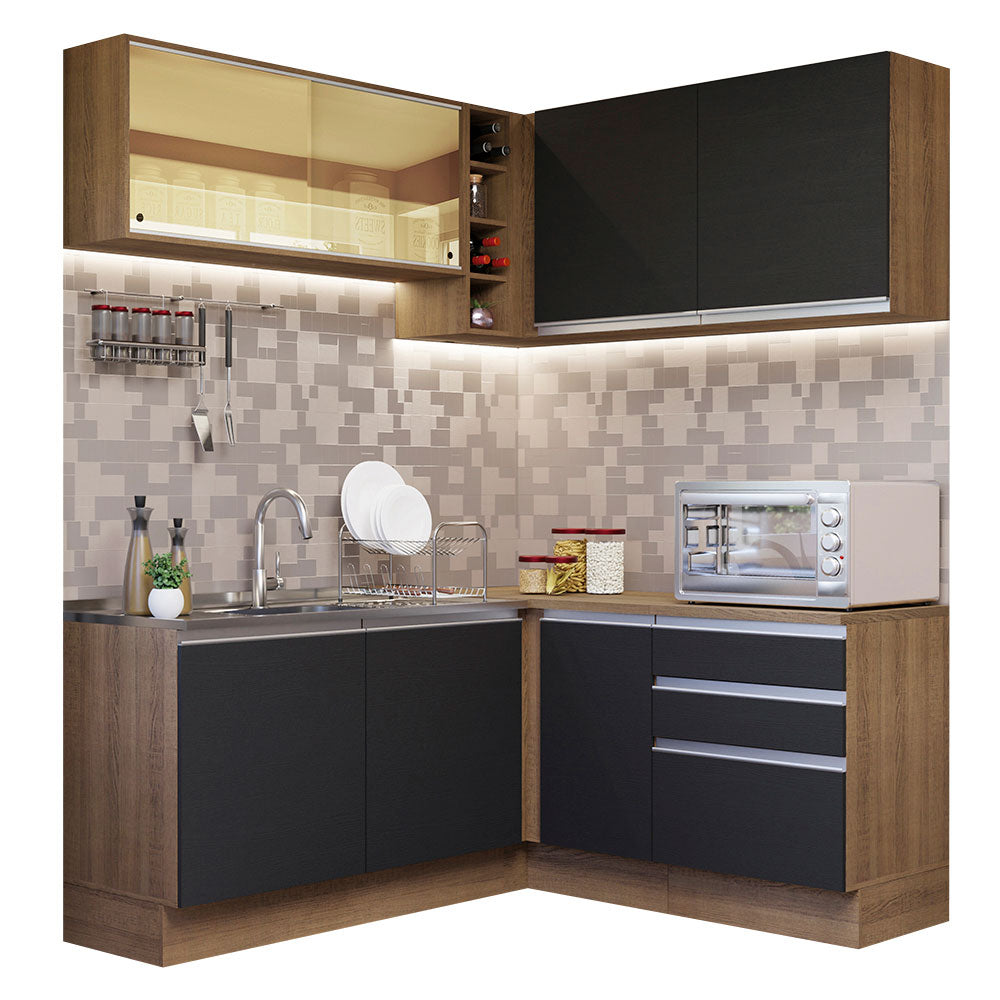 Armário de Cozinha Completa de Canto 329cm Rustic Preto Glamy Madesa 02