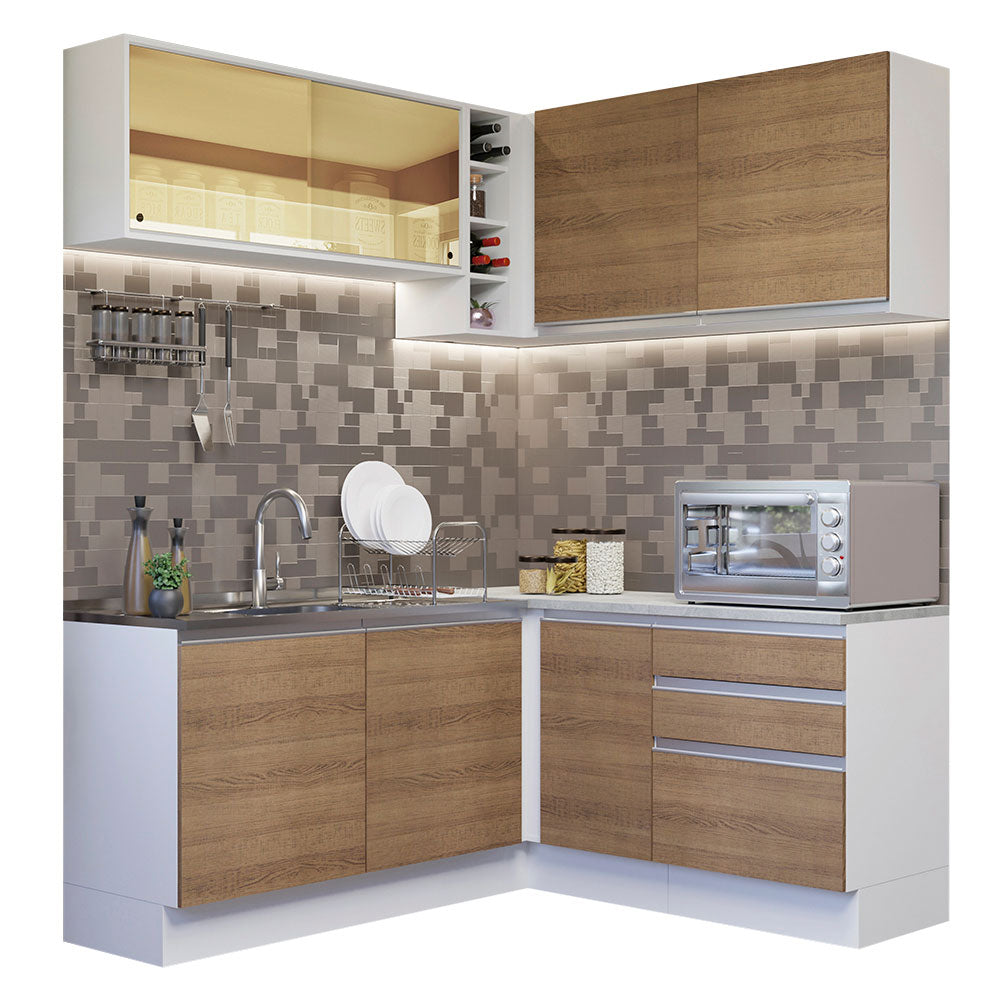 Armário de Cozinha Completa de Canto 329cm Branco Rustic Glamy Madesa 02